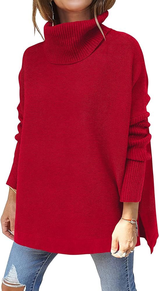 Caracilia Women's Turtleneck Oversized Knit Sweater 2023 Long Batwing Sleeve Spilt Hem Pullover S... | Amazon (US)