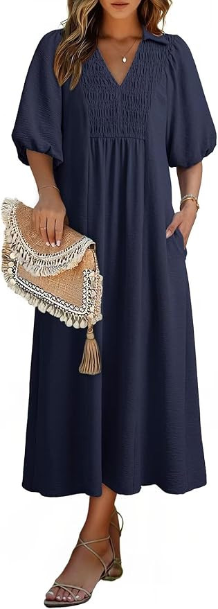Dokotoo Summer Dresses for Women 2026 Casual Dresses V Neck Puff Sleeve Empire Waist A-Line Maxi ... | Amazon (US)