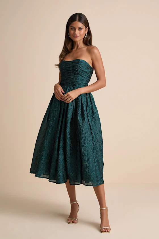 Analeia Dark Teal Jacquard Lace-Up Strapless Midi Dress | Lulus