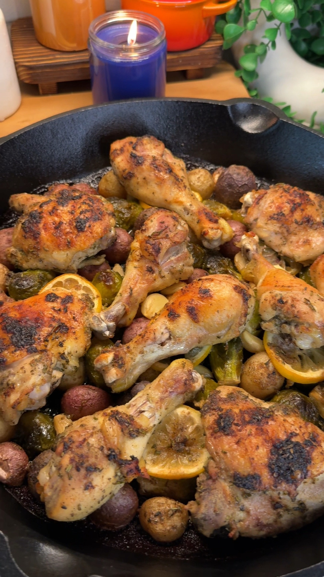 starting the spring season off with this herb lemon skillet roast chicken dinner🍋🌿🍗with gemstone potatoes & brussel sprouts - it’s easy, flavorful, and so delicious!

I’m always a big fan of a one pan dinner- set it and forget it is the way to go!

Ingredients:
- 1.5 lb chicken thighs (bone in, skin on)
- 1.5 lb chicken drumsticks
- 24 oz gemstone potatoes, cut in half
- 12 oz halved brussel sprouts
- 2 tbsp avocado oil
- 1-2 tsp each salt, pepper, onion powder, garlic powder
- 1 head garlic cloves
- 1 lemon, cut into thin slices

marinade:
- 1/3 cup avocado oil
- juice of 1 large lemon (about 2 tbsp)
- 1 tbsp fresh rosemary, finely chopped
- 1/2 tbsp fresh thyme, finely chopped
- 1 tsp chicken bouillon
- 1-2 tsp each salt, pepper, onion powder, garlic powder
*marinate chicken in refrigerator for at least 20 minutes. save some marinade to drizzle on top

pre-heat the cast iron skillet on the stove until hot before placing potatoes and brussel sprouts cut side down. top with rest of ingredients then bake at 400°F for 45-55 minutes until chicken skin is crispy and cooked through to 165°F.

#LTKFamily #LTKSeasonal #LTKParties