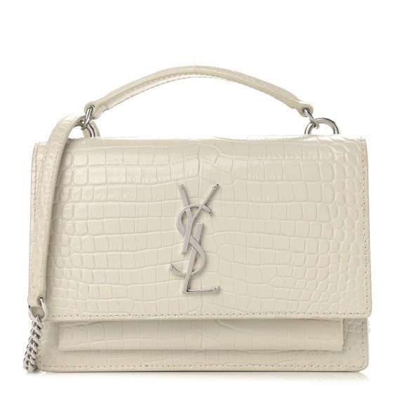 SAINT LAURENT Calfskin Crocodile Embossed Monogram Sunset Chain Wallet Blanc Vintage | Fashionphile