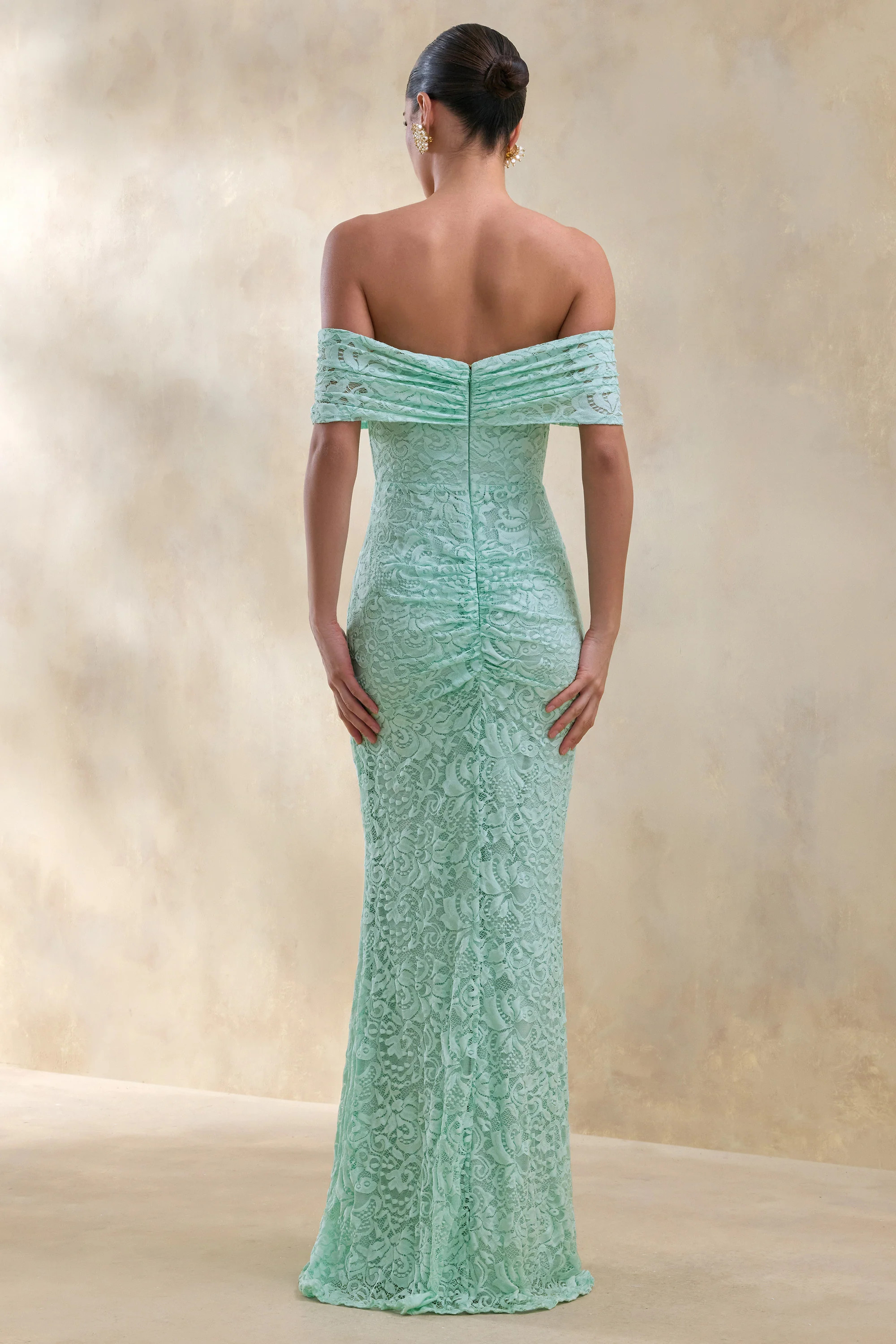 Aries | Mint Lace Bardot-Neck Maxi Dress With Gathered Detailing | Club L London