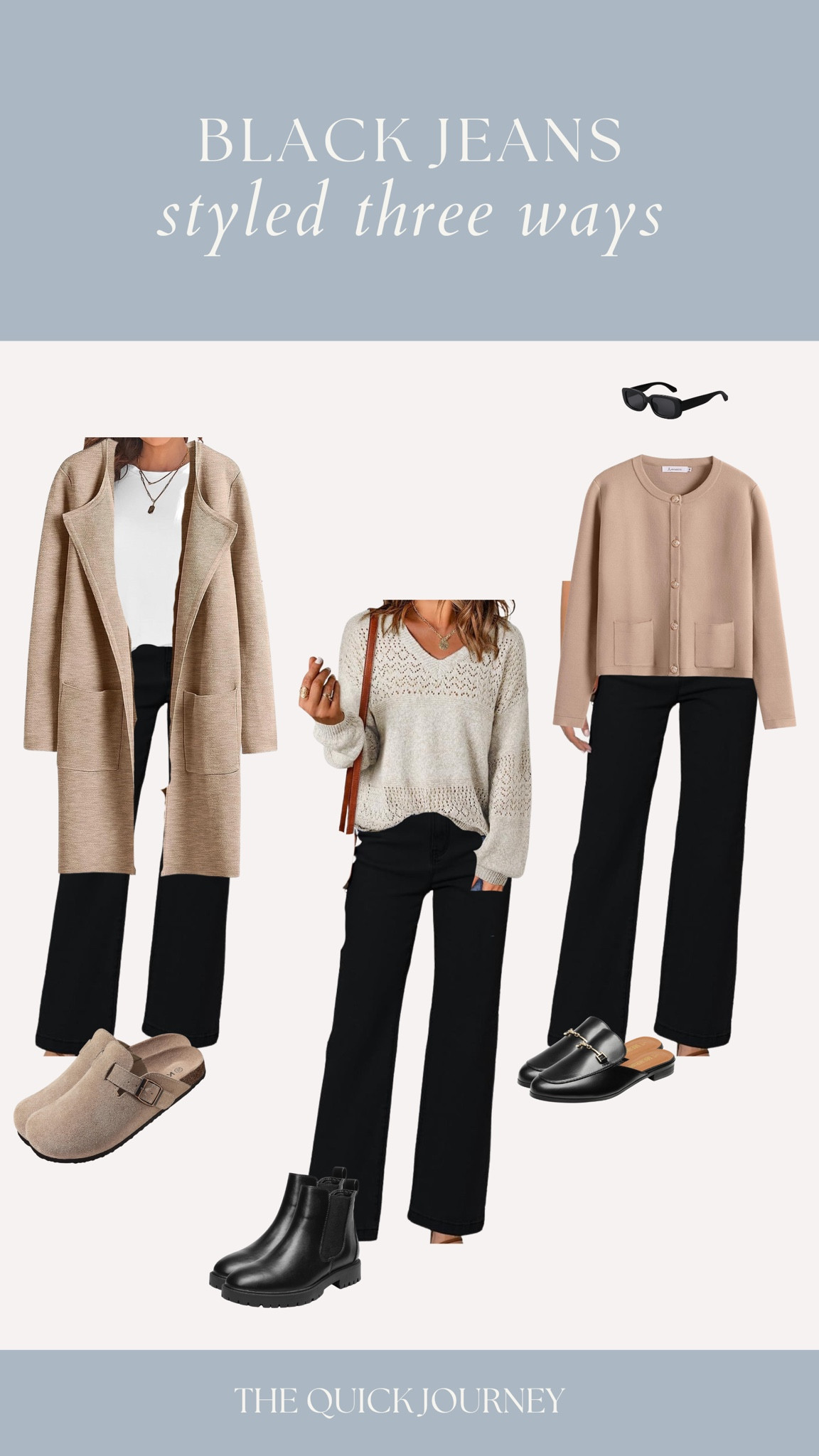 Black jeans styled 3 ways for fall. Amazon fashion, fall fashion, Amazon finds 