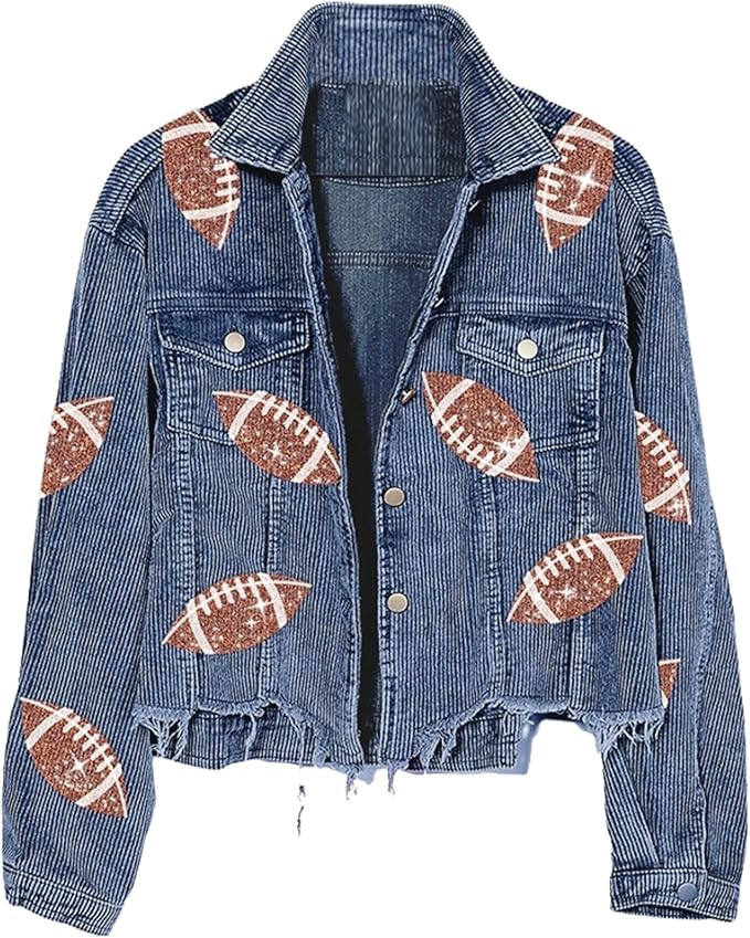 Xunger Women’s Football Corduroy Sequin Jacket Cropped Distresses Rugby Patched Shacket Coat | Amazon (US)