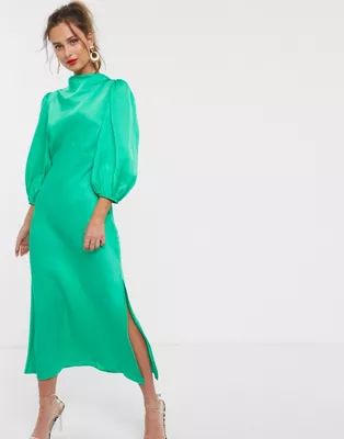 ASOS DESIGN cowl neck satin tea midi dress with puff sleeve in green | ASOS (Global)