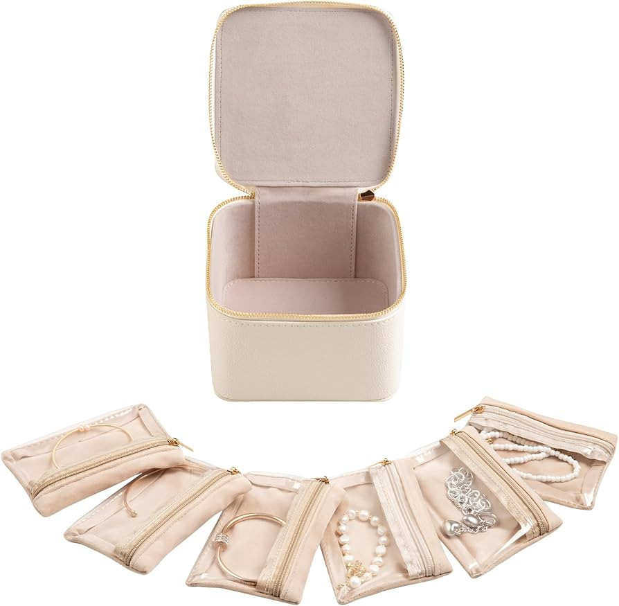 Frebeauty Small Travel Jewelry Box with 6 Pouch Bags, Portable Mini Jewelry Storage, 3.35 x 4.9 x... | Amazon (US)