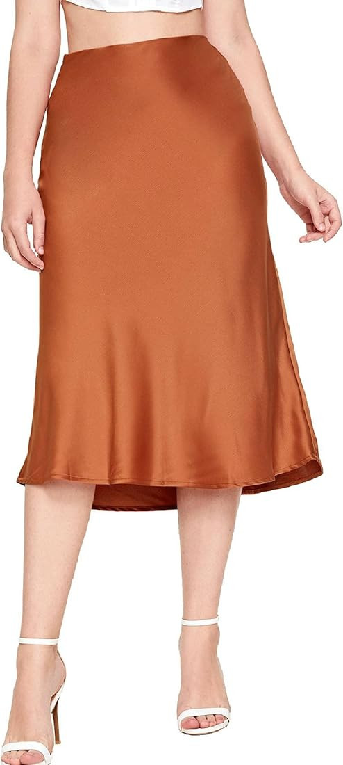 Verdusa Women's Elegant High Waist Satin A Line Flared Midi Skirt | Amazon (US)