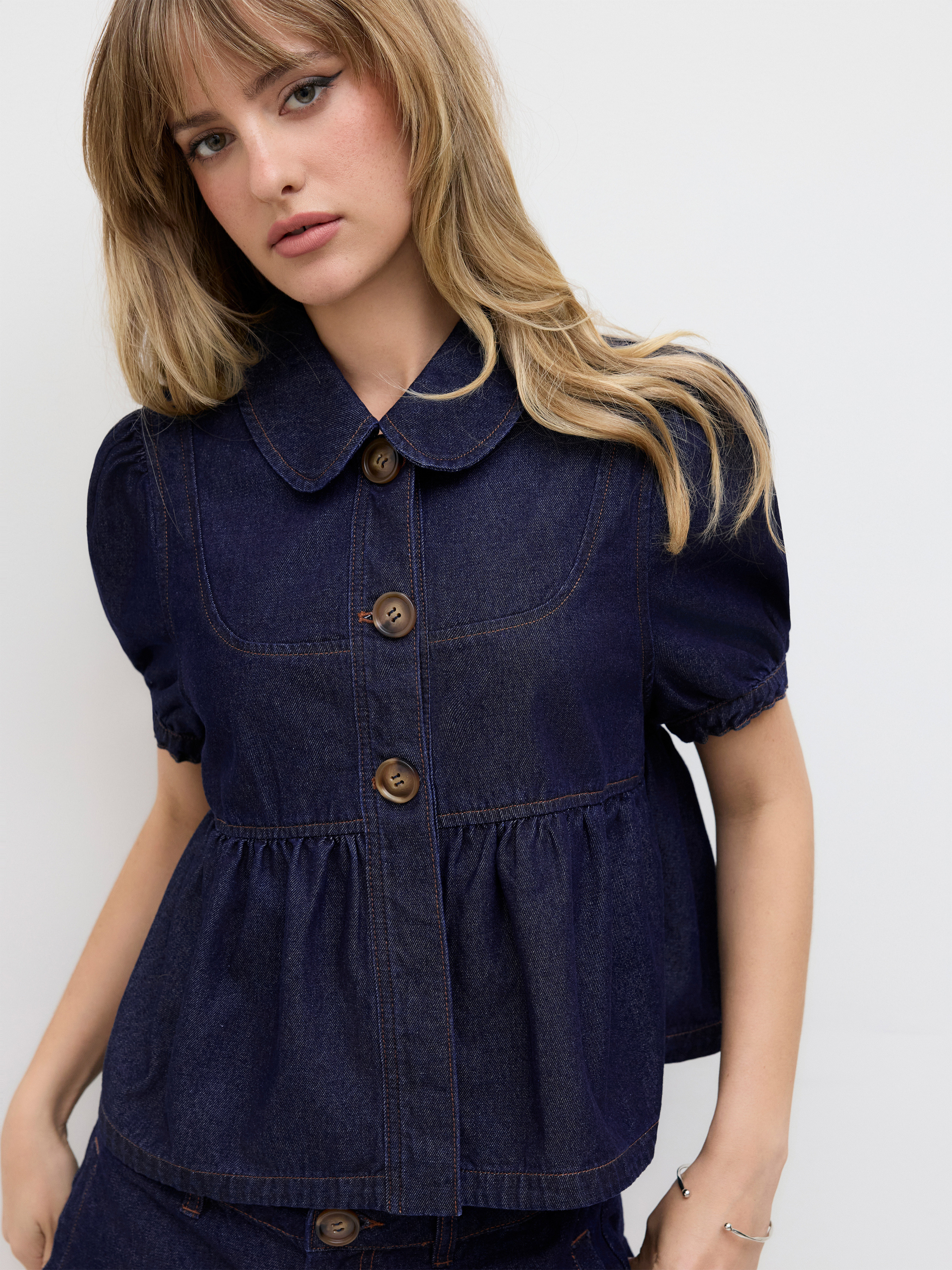 Denim Denim Peter Pan Collar Ruched Puff Sleeve Blouse For Daily Casual | Cider