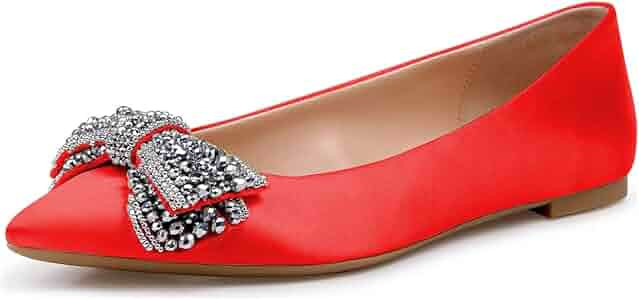 XYD Women Classic Pointy Toe Ballet Flats Rhinestone Bows Slip On Basic Office Dress Satin Shoes | Amazon (US)
