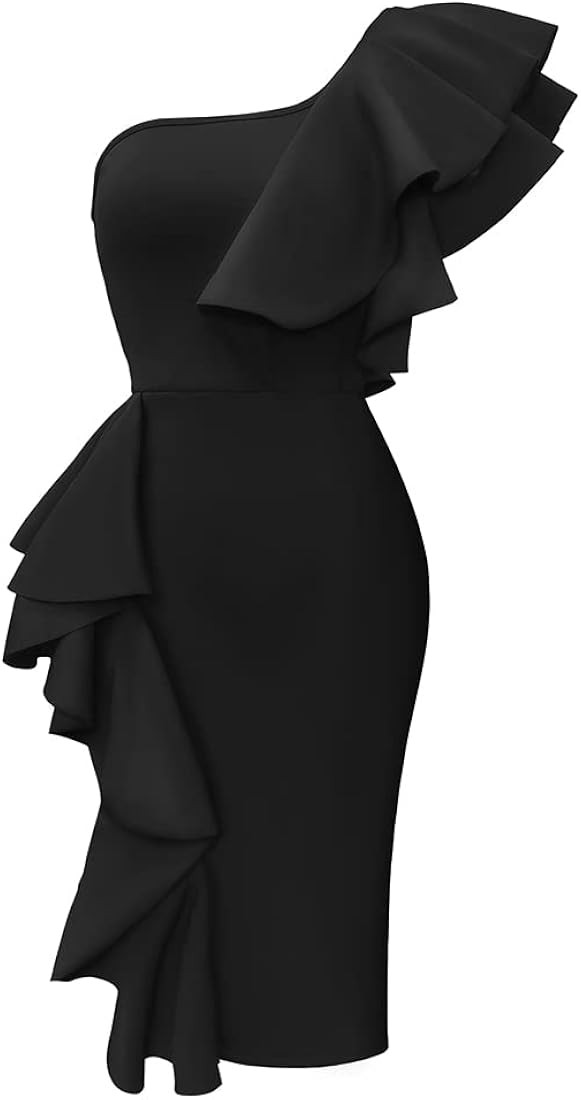 Stylishine Women's Cocktail Party One Shoulder Ruffle Bodycon Formal Pencil Dress | Amazon (US)