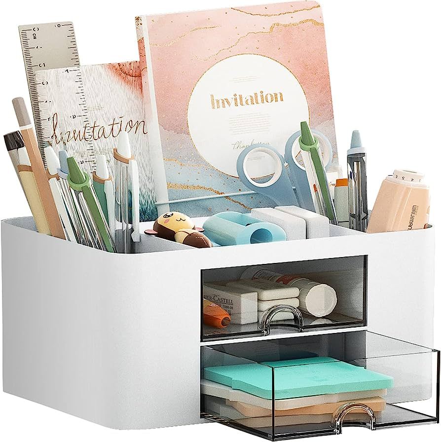 Marbrasse Pen Organizer with 2 Drawer, Multi-Functional Pencil Holder for Desk, Desk Organizers a... | Amazon (US)