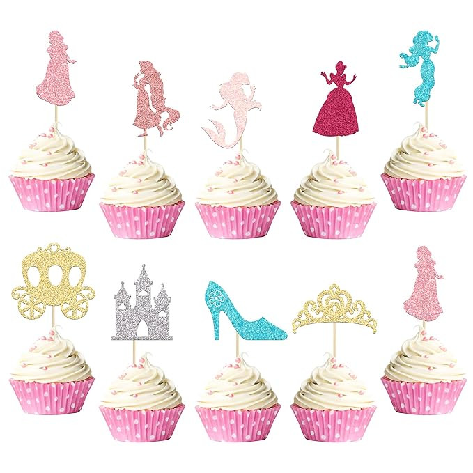 Gyufise 36Pcs Princess Cupcake Toppers Colorful Glitter Mermaid Girl Castle Carriage High Heel Cr... | Amazon (US)