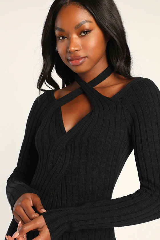 Trend Forecast Black Ribbed Long Sleeve Halter Sweater Dress | Lulus (US)