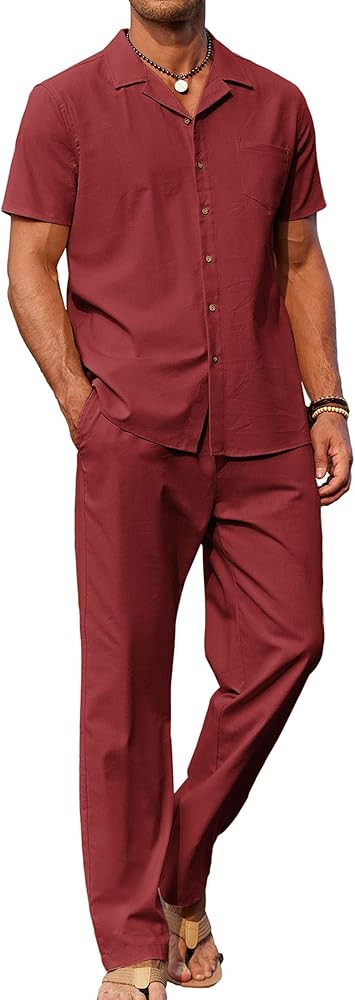 COOFANDY Men 2 Piece Linen Outfit Beach Button Down Shirt Casual Loose Pant Sets | Amazon (US)