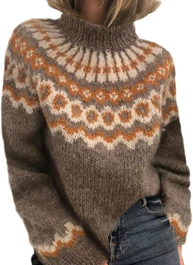 ZOCAVIA Women's Fair Isle Knit Sweater Retro Ethnic Argyle Turtleneck Sweaters Chunky Long Sleeve... | Amazon (US)