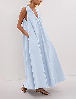 MISSACTIVER Women's Sleeveless Maxi Dress Scoop Neck Ruched Long Dress with Side Pockets Wide Sho... | Amazon (US)