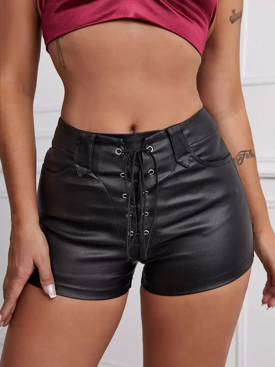 SHEIN Raffinéa Garment Eyelets Lace Up Front Solid Shorts | SHEIN
