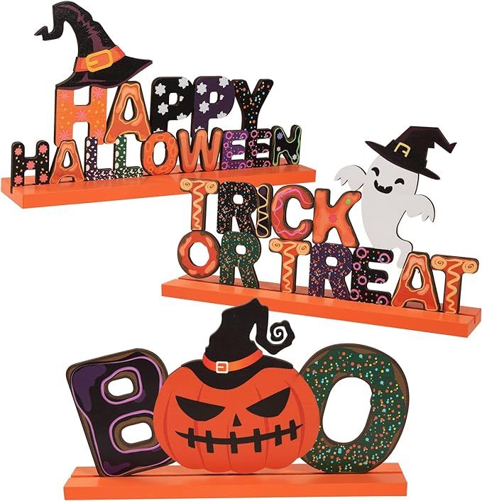 3 Pieces Happy Halloween Wooden Centerpiece Signs- Halloween Table Decorations Trick or Treat Tab... | Amazon (US)