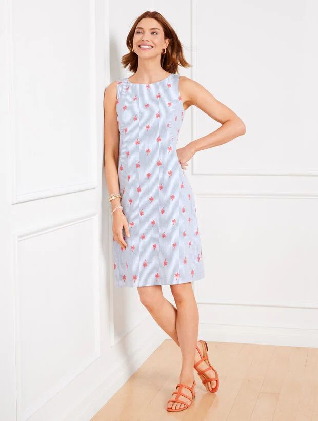 Seersucker Tie Back Shift Dress - Embroidered Palm | Talbots