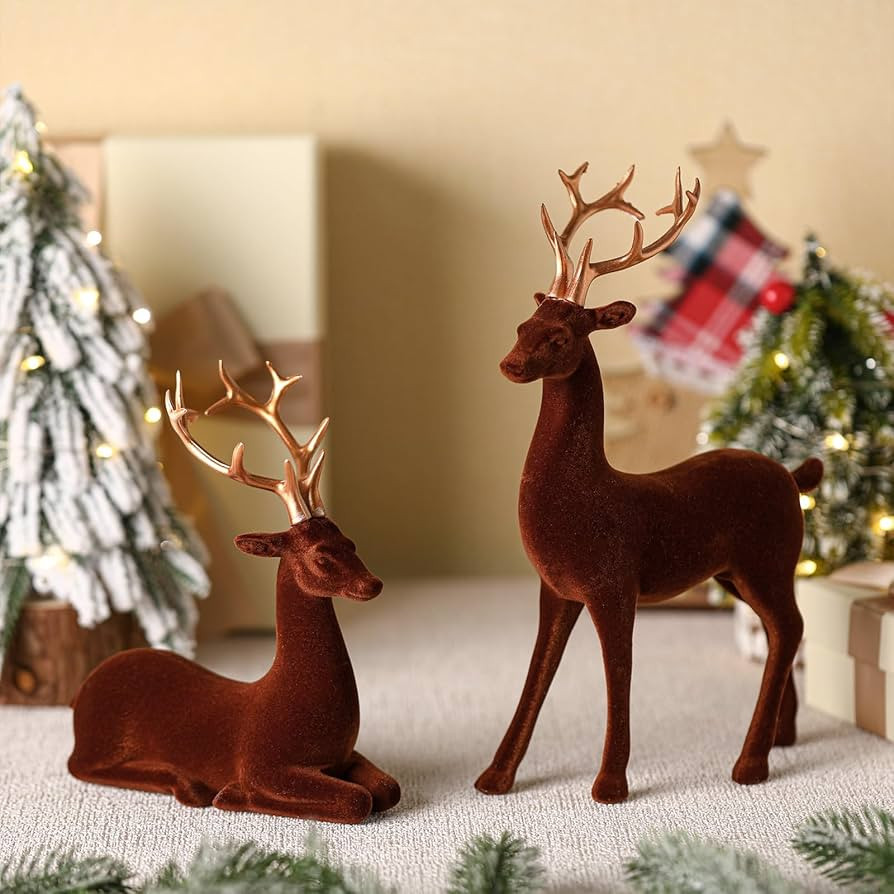 Bucherry 2 Pack Velvet Reindeer Christmas Decorations Flocking Christmas Reindeer Figurines Table... | Amazon (US)