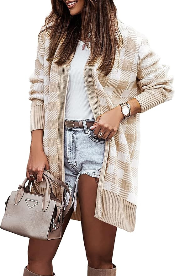 KIRUNDO Women's 2023 Fall Winter Long Sleeve Plaid Open Front Cardigan Loose Fit Soft Chunky Knit... | Amazon (US)