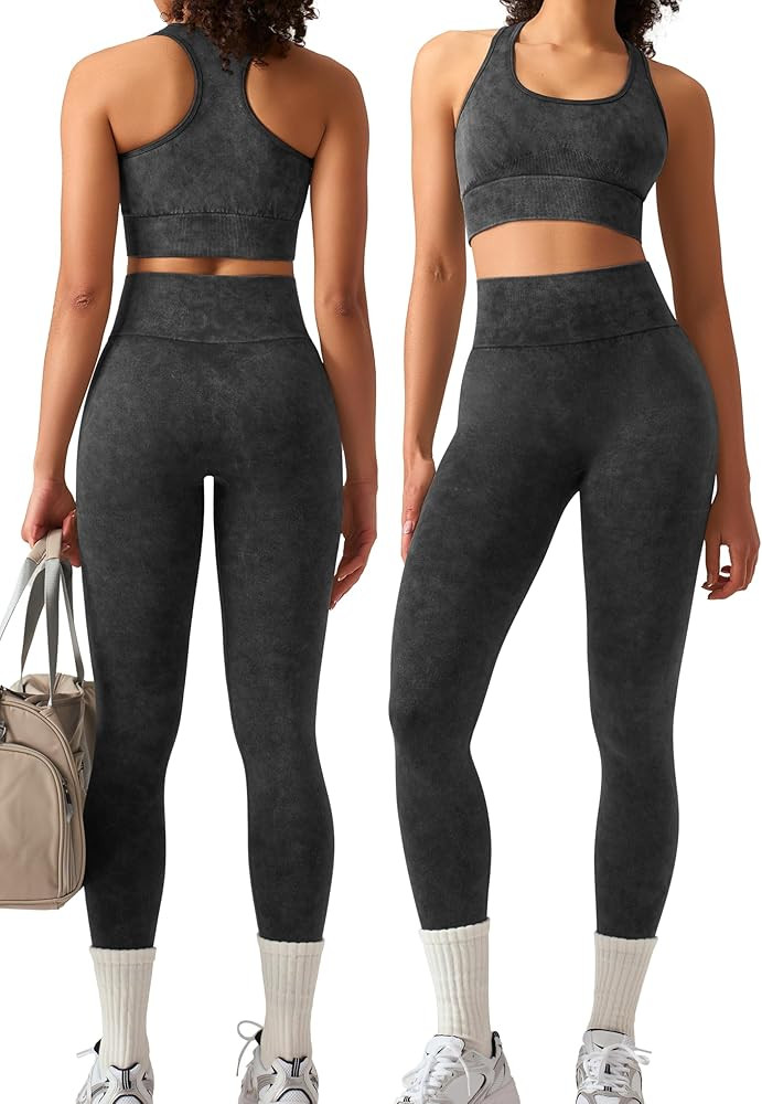 OLCHEE Womens Workout Sets 2 Piece - Acid Wash Seamless Yoga Outfits High Waist Leggings Padded R... | Amazon (US)