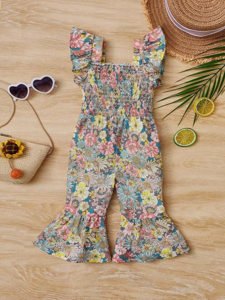 SHEIN Baby Girl Floral Print Ruffle Trim Jumpsuit | SHEIN