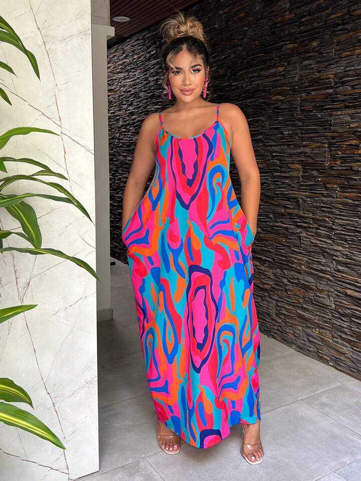 SHEIN SXY Summer Beach Abstract Printed Spaghetti Strap Dress | SHEIN