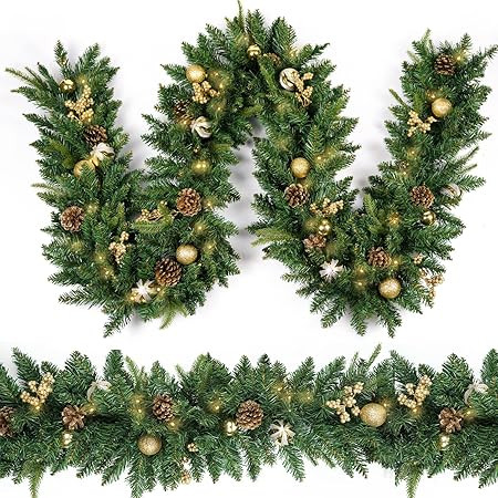 HomeKaren Christmas Garland 9ft with 50 Led, Gold Ball Battery Control, Christmas Decor with Ligh... | Amazon (US)