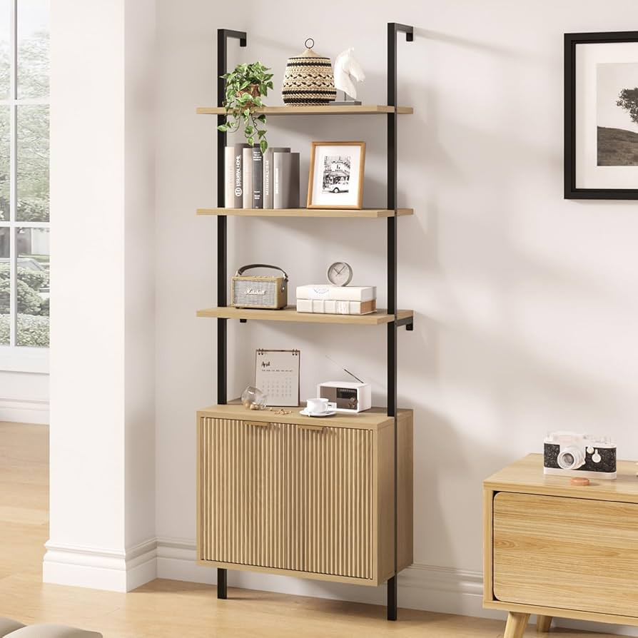 Ladder Bookshelf with Cabinet, 71" Tall Wall Bookshlef with Shelves & Storage, Rattan Ladder Shel... | Amazon (US)