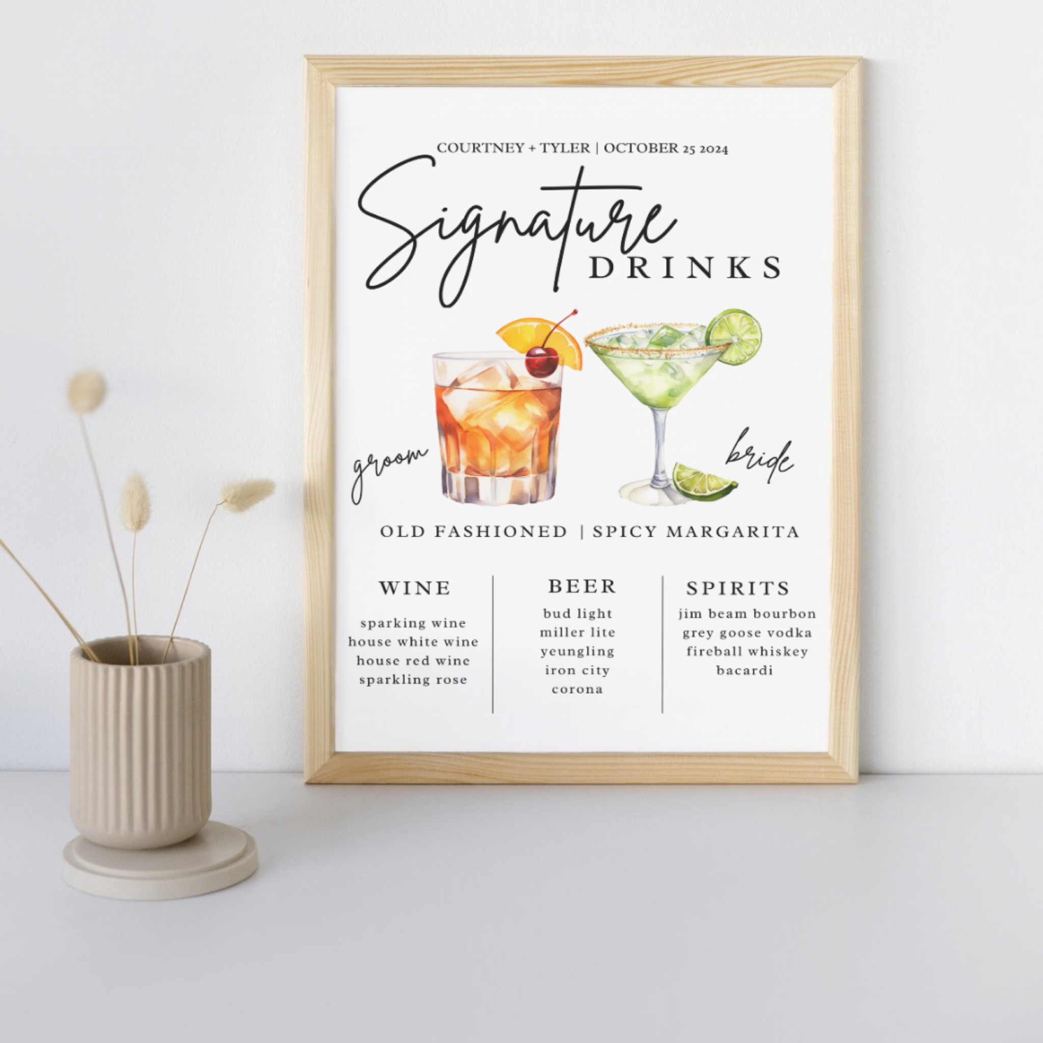 simple bar menu sign for the bride and groom’s signature drinks, wedding sign decor

#LTKWedding #LTKParties #LTKSaleAlert