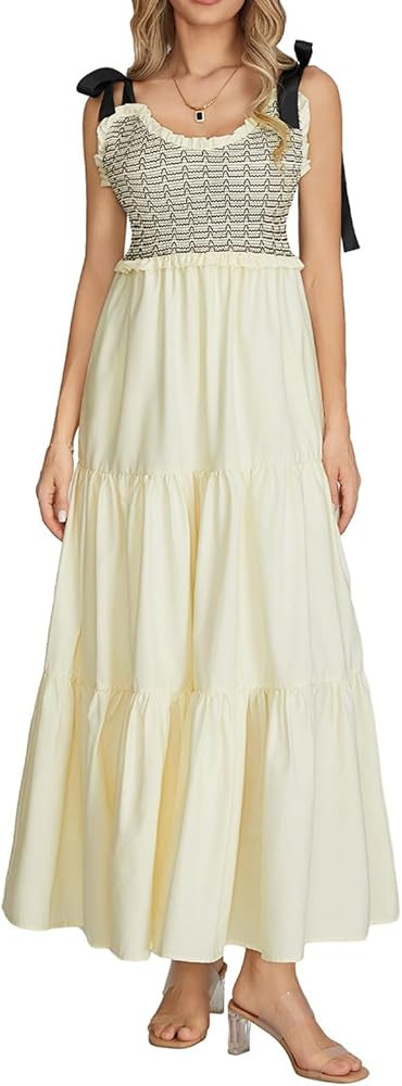 women bow tie shoulder maxi dress high waisted backless smoked sundress Layered ruffle pleated y2... | Amazon (US)