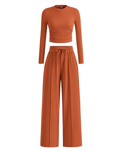 BTFBM Casual 2 Piece Sets For Women Fall Outfits 2025 Ribbed Long Sleeve Crop Top Wide Leg Pants Matching Lounge Set(Brick Red, XX-Large) | Amazon (US)
