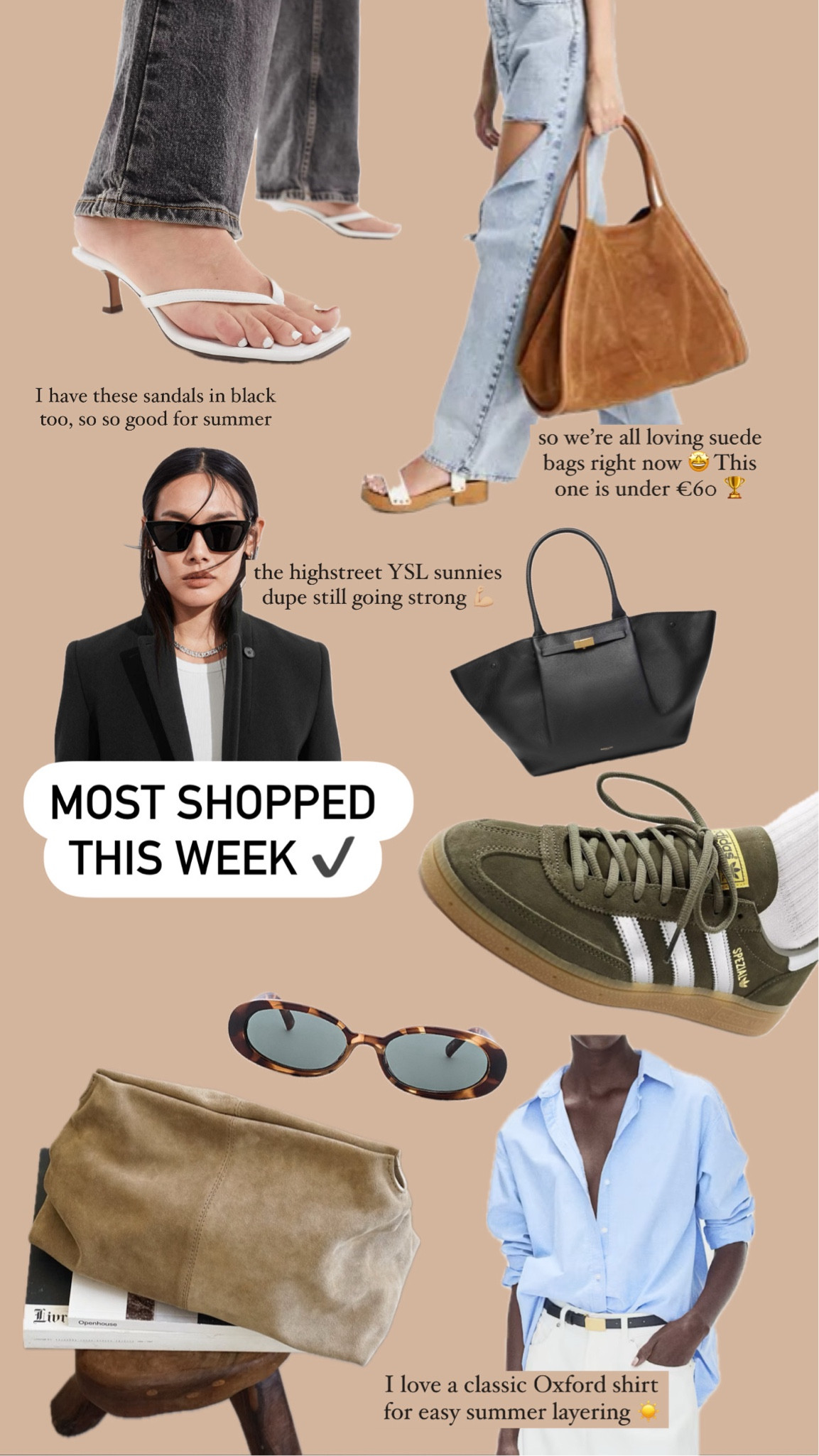 Most shopped by you this week 🏆 adidas samba, demellier New York tote, suede bag, le specs outta love sunglasses, flattered suede clutch, blue oxford shirt, cat eye sunglasses, ysl dupe 

#LTKeurope #LTKsummer #LTKbag
