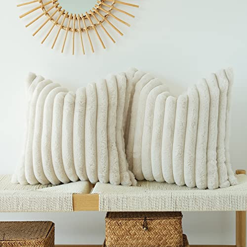 JOJUSIS Pack of 2 Faux Fur Plush Decorative Throw Pillow Covers Couch Cushion Case Soft Pillowcases (Beige, 24 x 24-Inch) | Amazon (US)