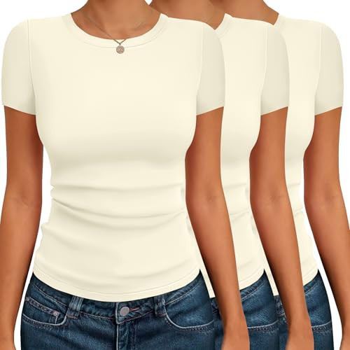 Ekouaer Women Short Sleeve Tops Trendy Summer Shirts Casual Basic Tees Beige XXL | Amazon (US)