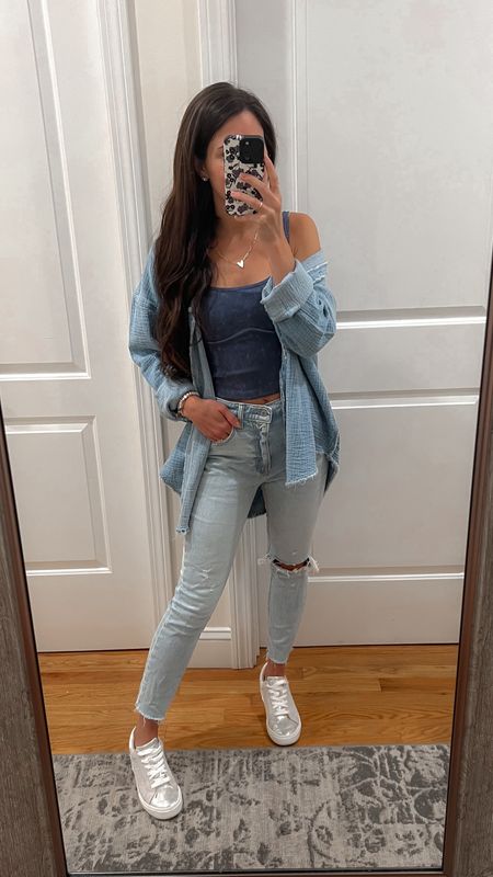 Abercrombie jeans ; summer jeans ; Spring outfit ; casual summer outfit ; mom outfit ; oversized button down ; aerie pool to party cover up ; aerie cover up ; target tank ; inspired dolce vita sneakers 

#LTKFindsUnder50 #LTKStyleTip #LTKSeasonal