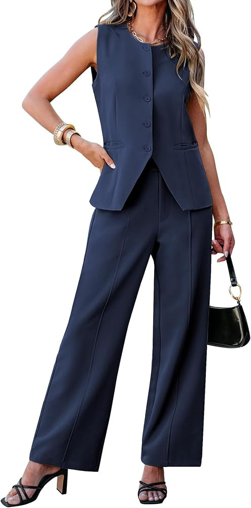 luvamia Vest Pants Suits for Women Dressy 2 Piece Business Casual Outfits Sleeveless Blazer Wide ... | Amazon (US)
