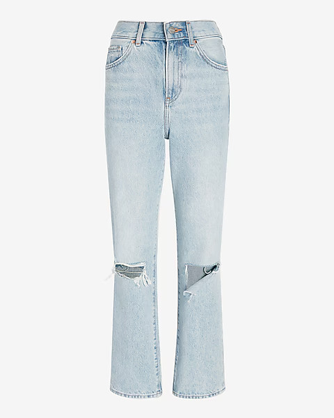 High Waisted Light Wash Ripped Straight Ankle Jeans | Express
