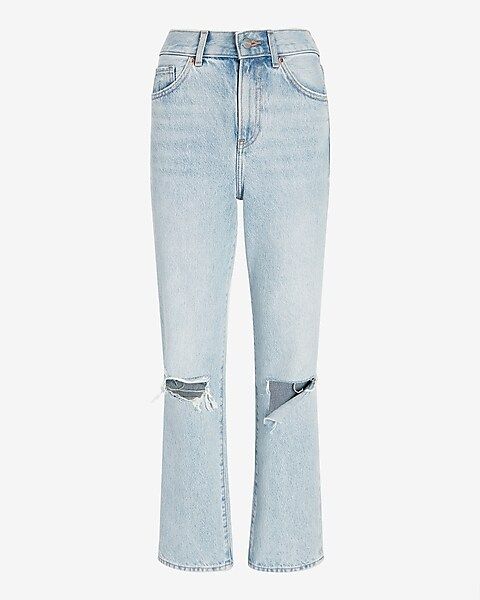 High Waisted Light Wash Ripped Straight Ankle Jeans | Express