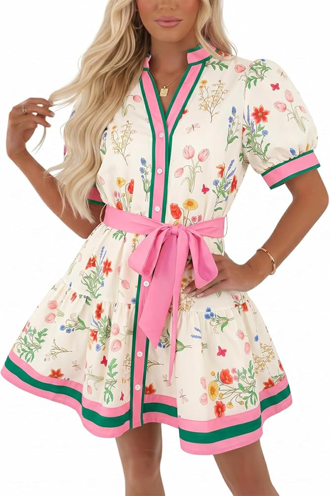 Wenrine Womens Summer Floral Mini Dress Puff Short Sleeve V Neck Button Down Casual Loose Boho Be... | Amazon (US)