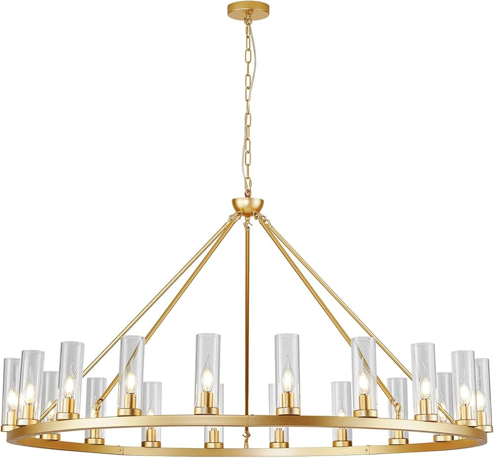 D52 Large Gold Wagon Wheel Chandelier 20 Light with Clean Glass, Farmhouse Vintage Industrial Cou... | Amazon (US)