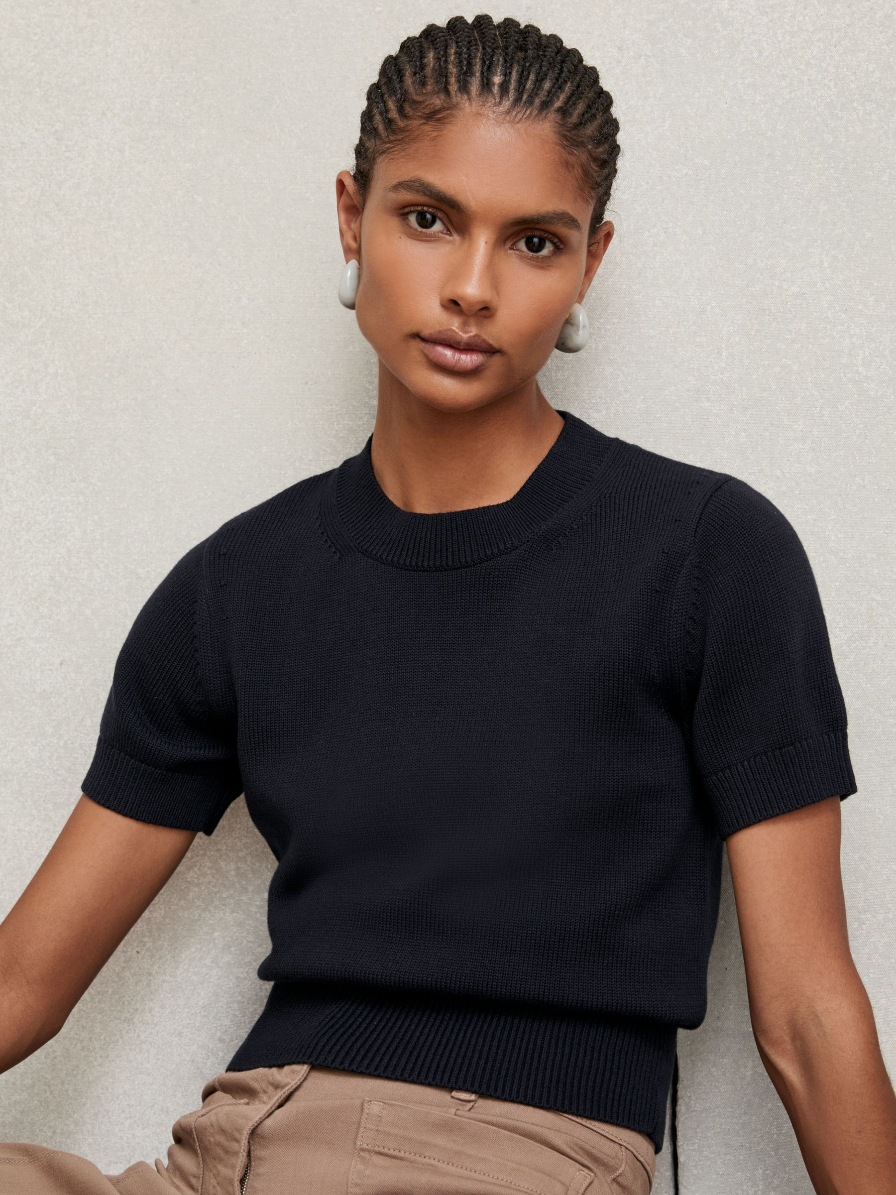 Reiss Cotton And Wool Crew-Neck Top in Navy - REISS | Reiss UK