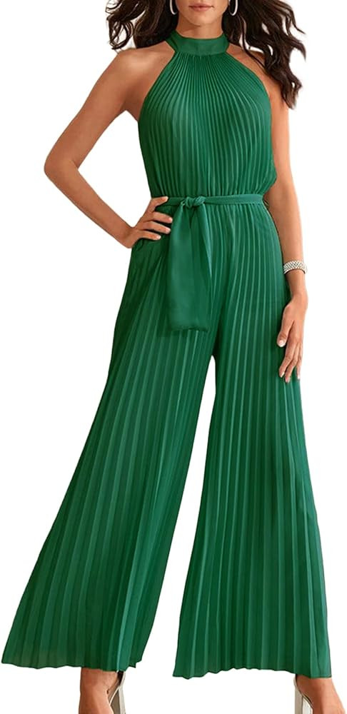 OPOIPIN Women's Halter Neck Pleated Sleeveless High Waist Belted Wide Leg Pants One Piece Jumpsui... | Amazon (US)