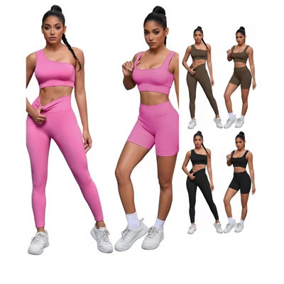 INSPIRE CHIC Women's 6 Sets Exercise Outfits Scoop Neck One Shoulder High Waist Gyms Body Shapers Workout Set 1 Black 1 Brown 1 Rose Red Small | Target