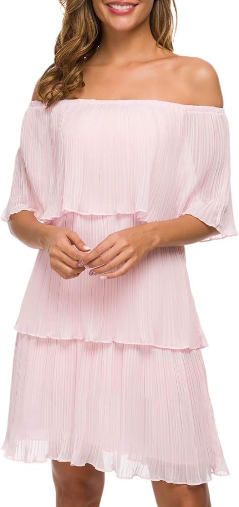 Women's Off The Shoulder Mini Layered Ruffles Dress Summer Short Sleeve Loose Casual Chiffon Part... | Amazon (US)