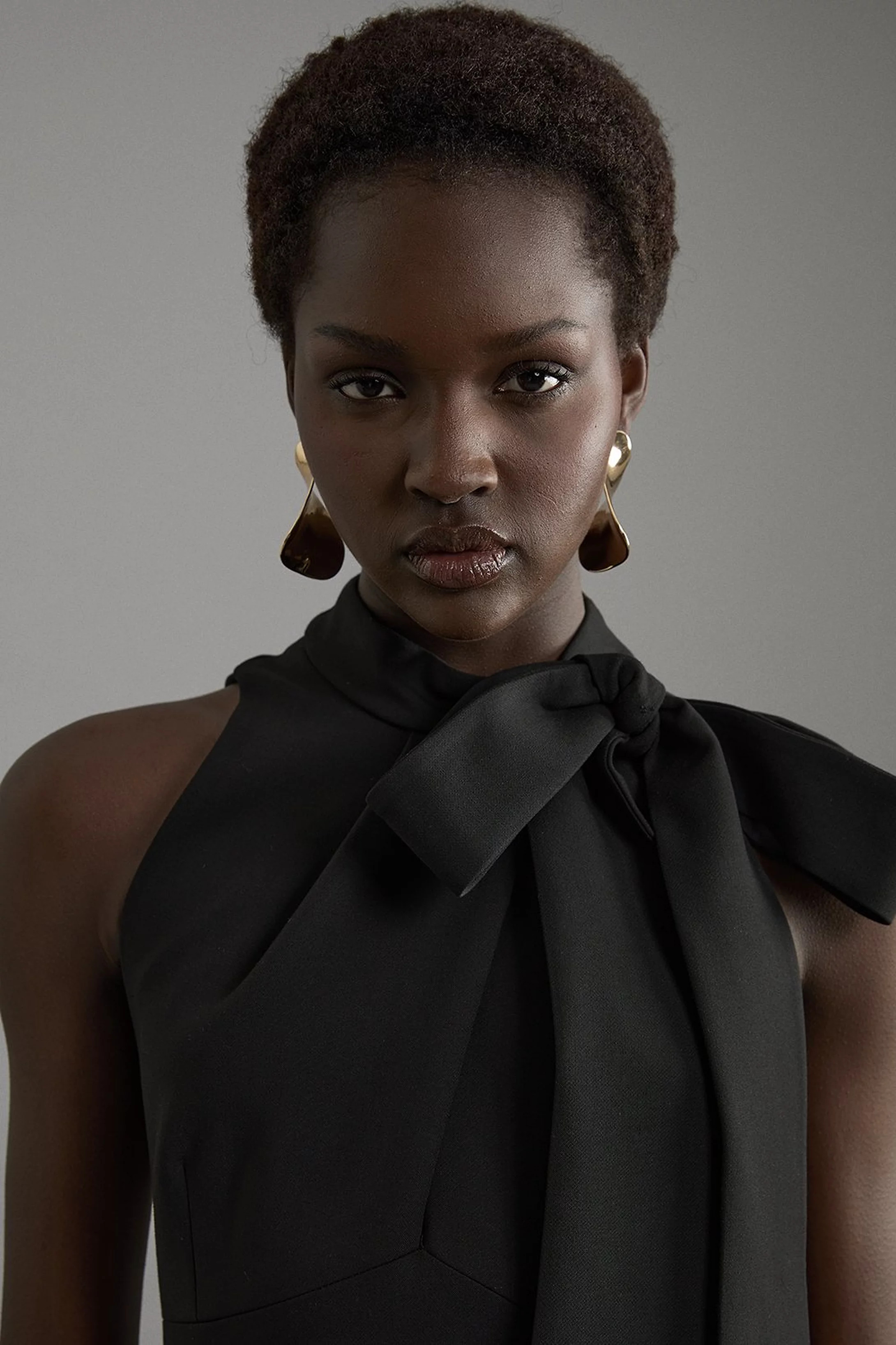 Compact Stretch Bow Tie Neck Full Skirted Midi Dress | Karen Millen UK + IE + DE + NL