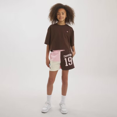 Champion Girls' Spliced Graphic Fleece Shorts - Light Pink M | Target