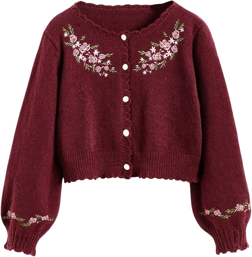 Women's Floral Embroidery Cardigan Sweaters Button Down Long Sleeve Crew Neck Knitted Outerwear | Amazon (US)