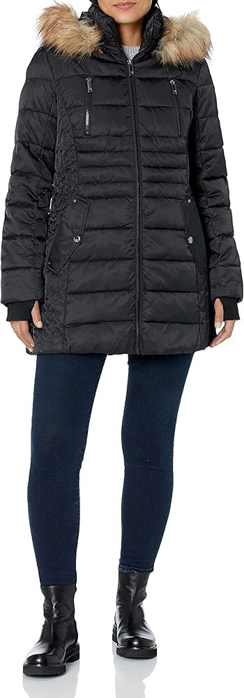 HFX Women's 3/4 Midweight Puffer Jacket Front Button Off Faux Fur Trimmed Hood Zippered Chest Poc... | Amazon (US)